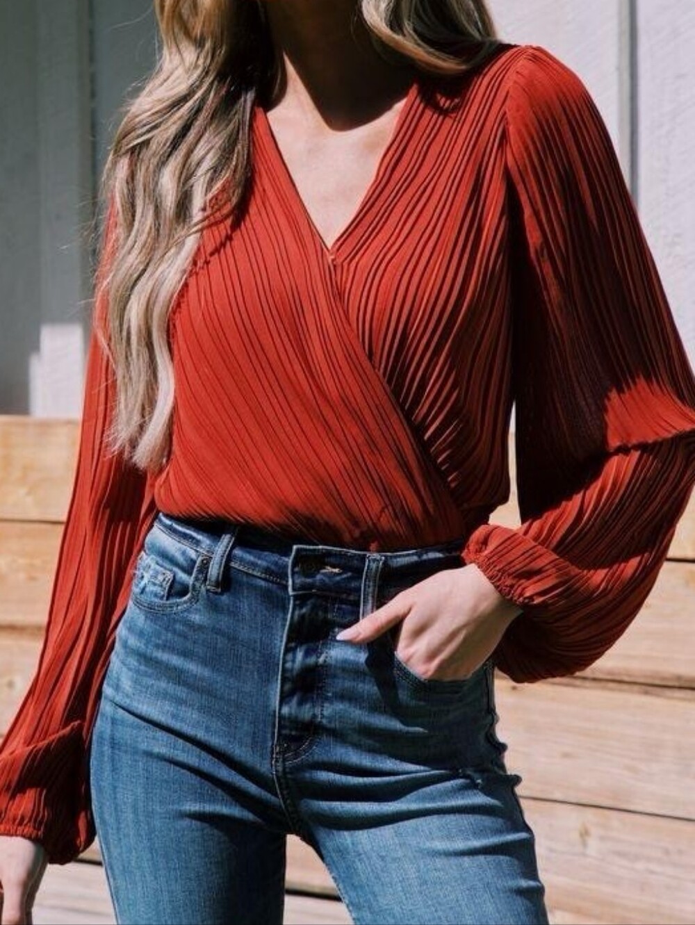 Julia Orange Pleated Wrap-Front Women's Top